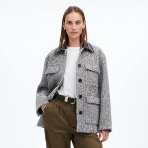 NWOT Madewell Faux Leather Collar Pocket Herringbone Field Jacket Gray Size XXS